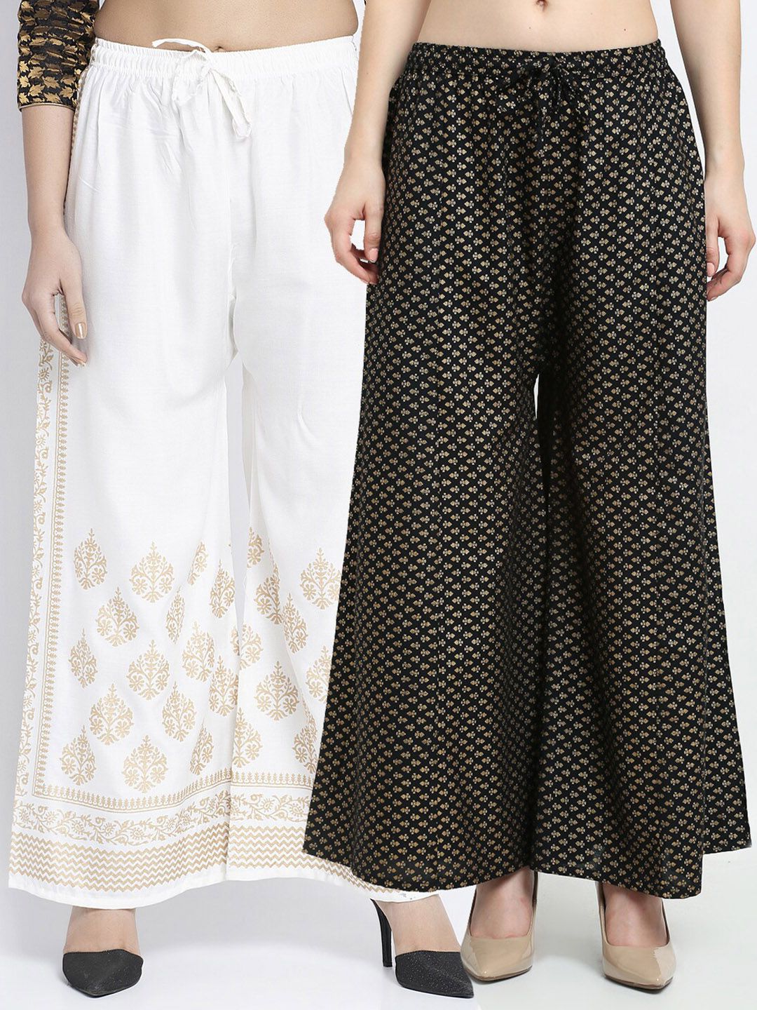 Jinfo Women Off White & Black Pack of 2 Printed Flared Knitted Ethnic Palazzos Price in India