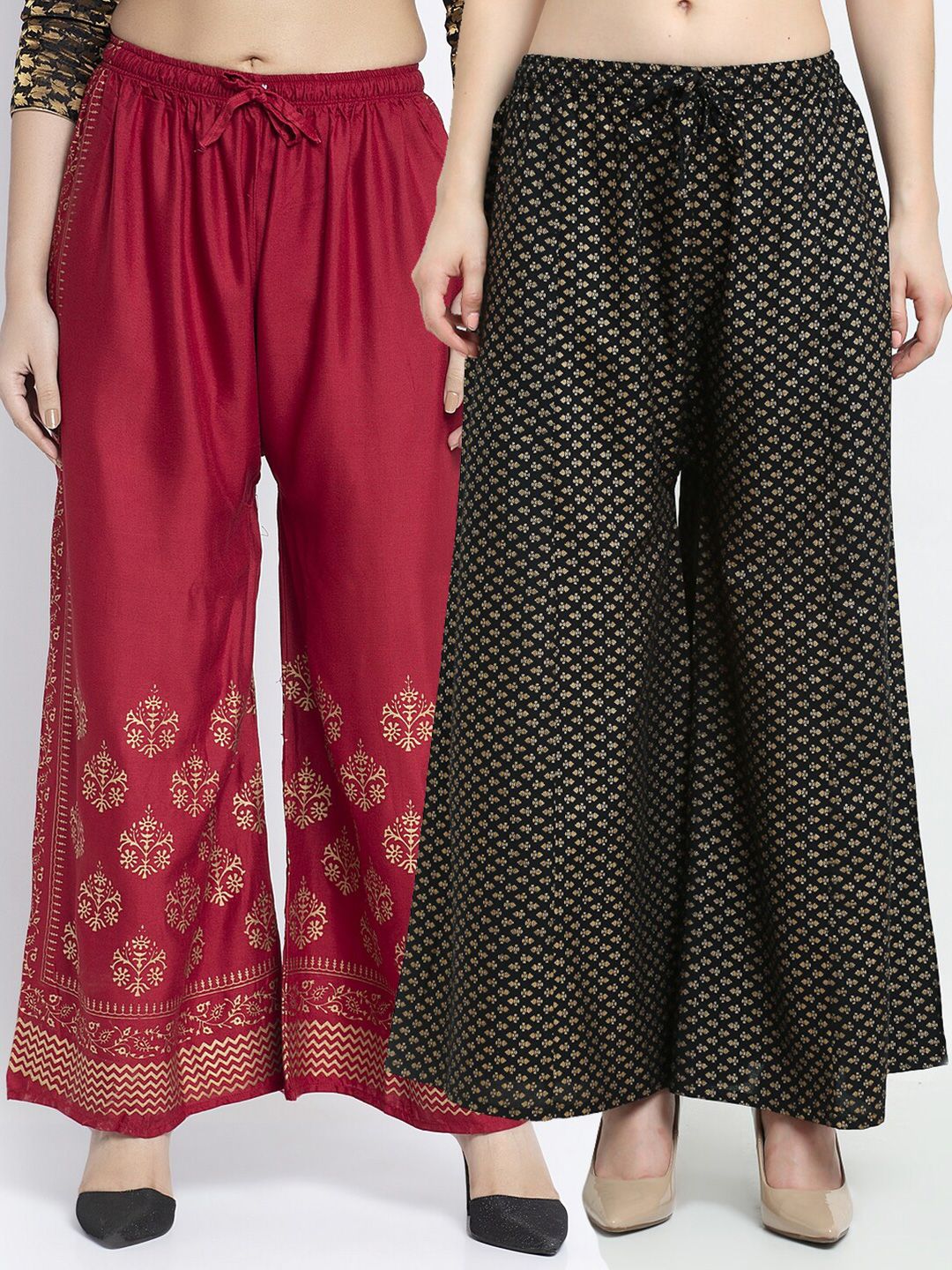 Jinfo Women Maroon & Black Set Of 2 Ethnic Motifs Printed Flared Ethnic Palazzos Price in India