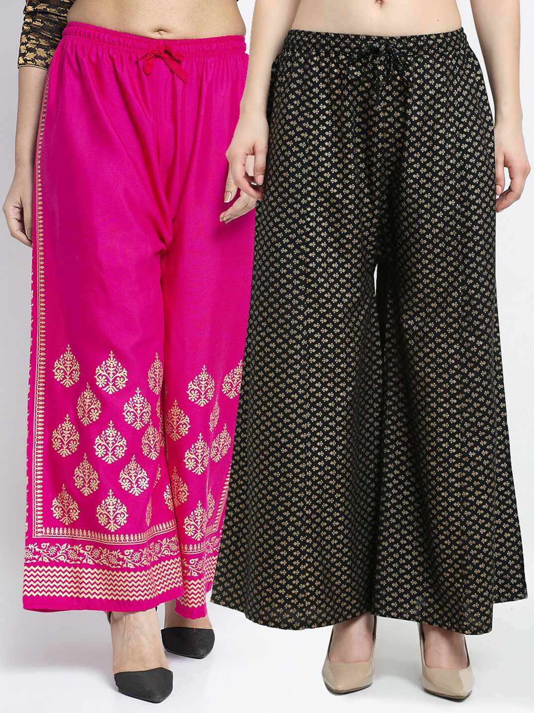 Jinfo Women Magenta & Black Set of 2 Printed Flared Knitted Ethnic Palazzos Price in India