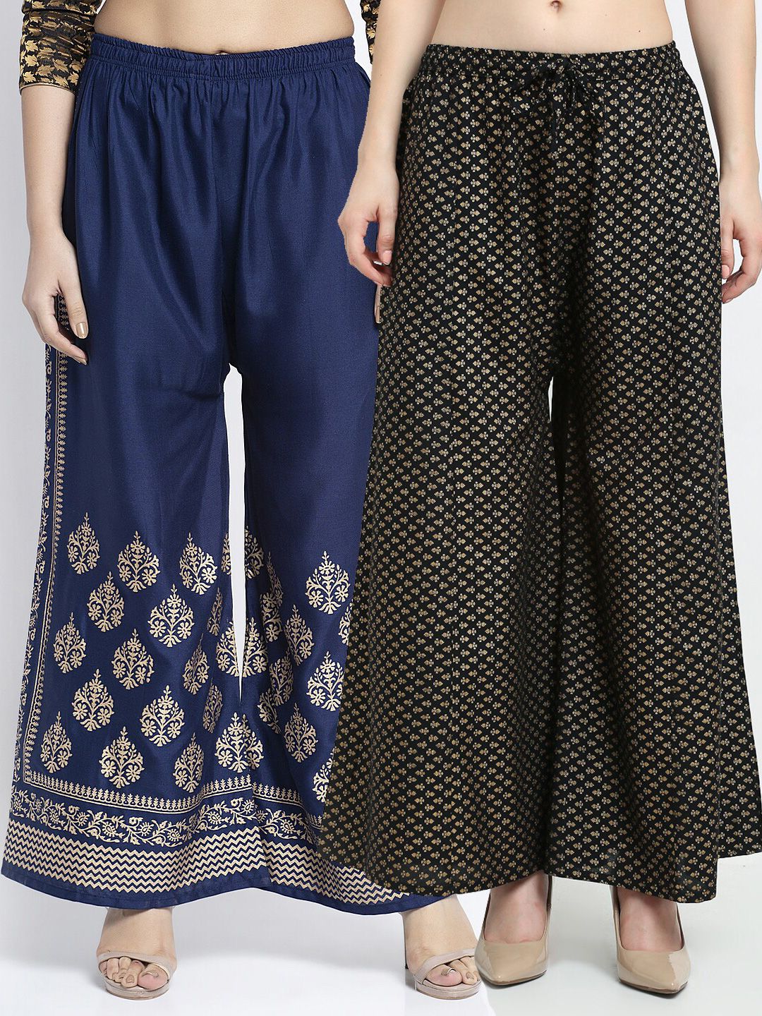 Jinfo Women Navy Blue & Black Pack of 2 Ethnic Motifs Printed Flared Palazzos Price in India