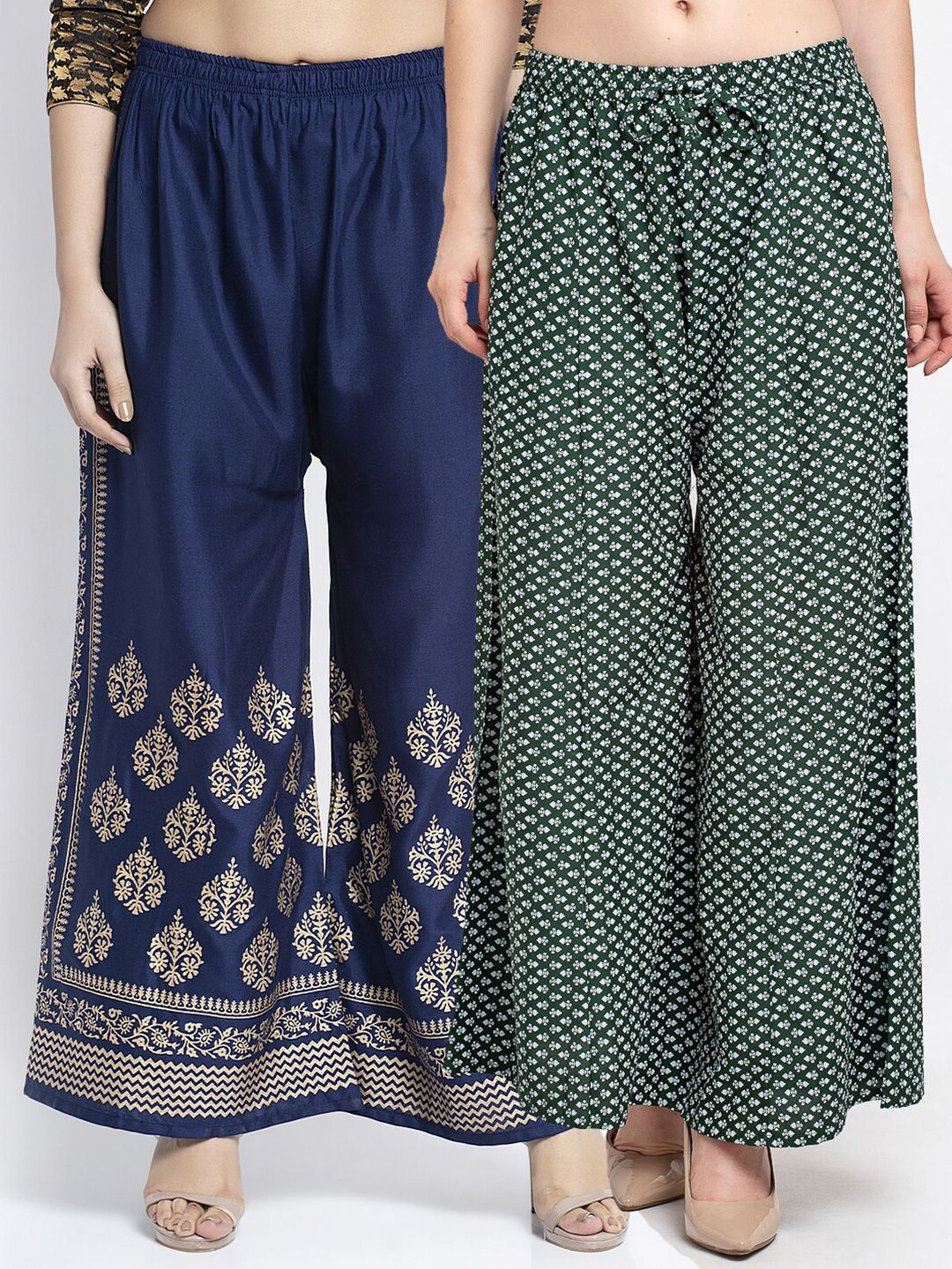 Jinfo Women Navy Blue & Green Set Of 2 Ethnic Motifs Block Printed Flared Ethnic Palazzos Price in India