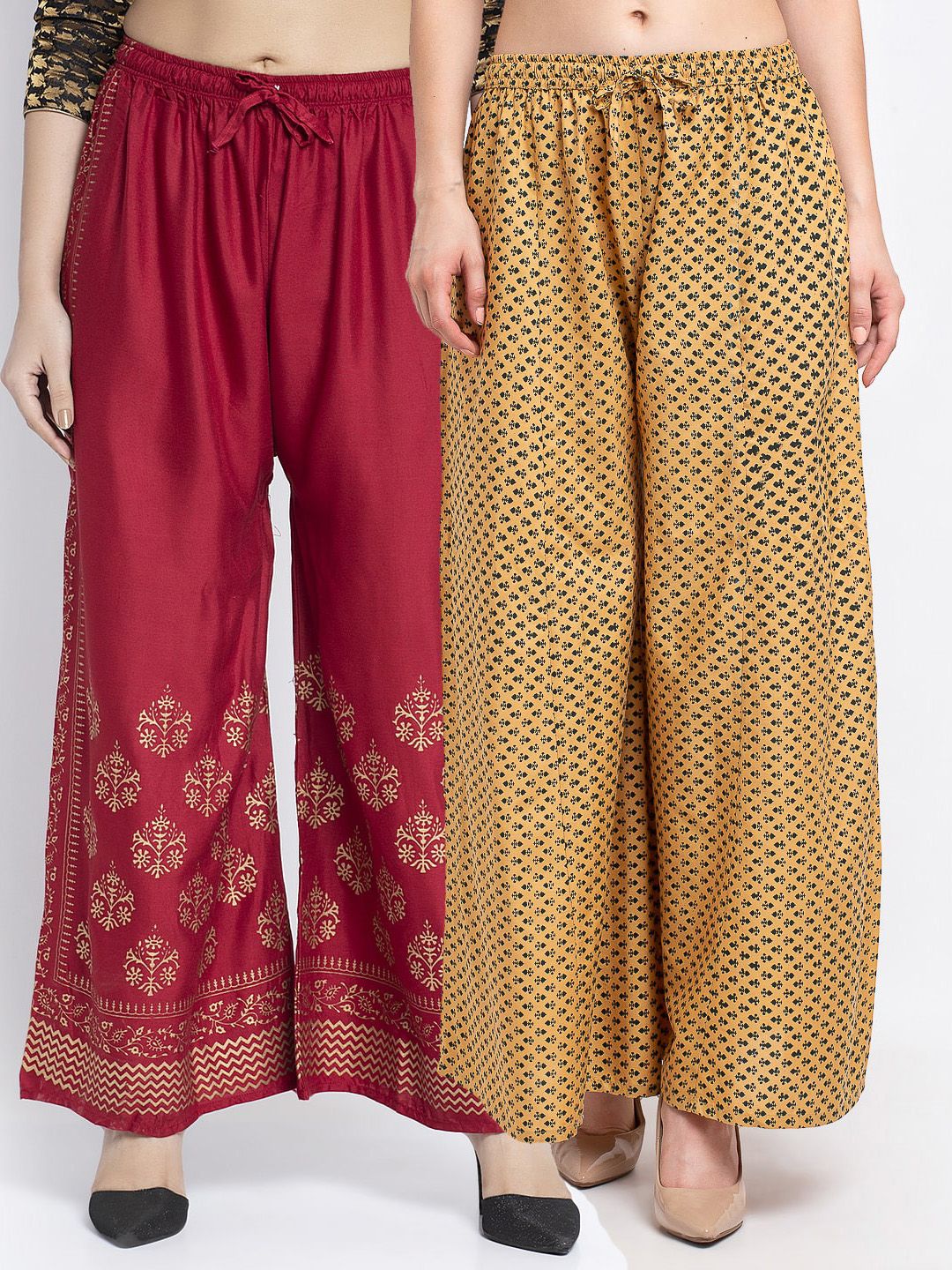 Jinfo Women Maroon & Beige Set Of 2 Printed Flared Knitted Ethnic Palazzos Price in India