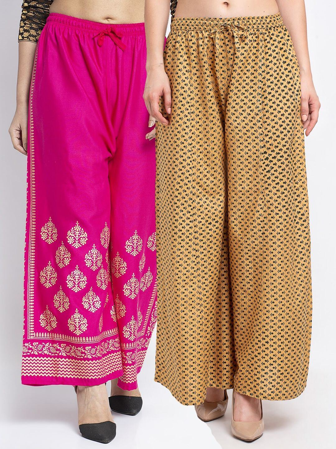 Jinfo Women Pack Of 2 Pink & Nude-Coloured Printed Flared Knitted Ethnic Palazzos Price in India