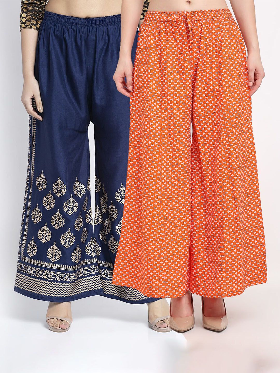 Jinfo Women Pack Of 2 Navy Blue & Orange Printed Flared Knitted Ethnic Palazzos Price in India