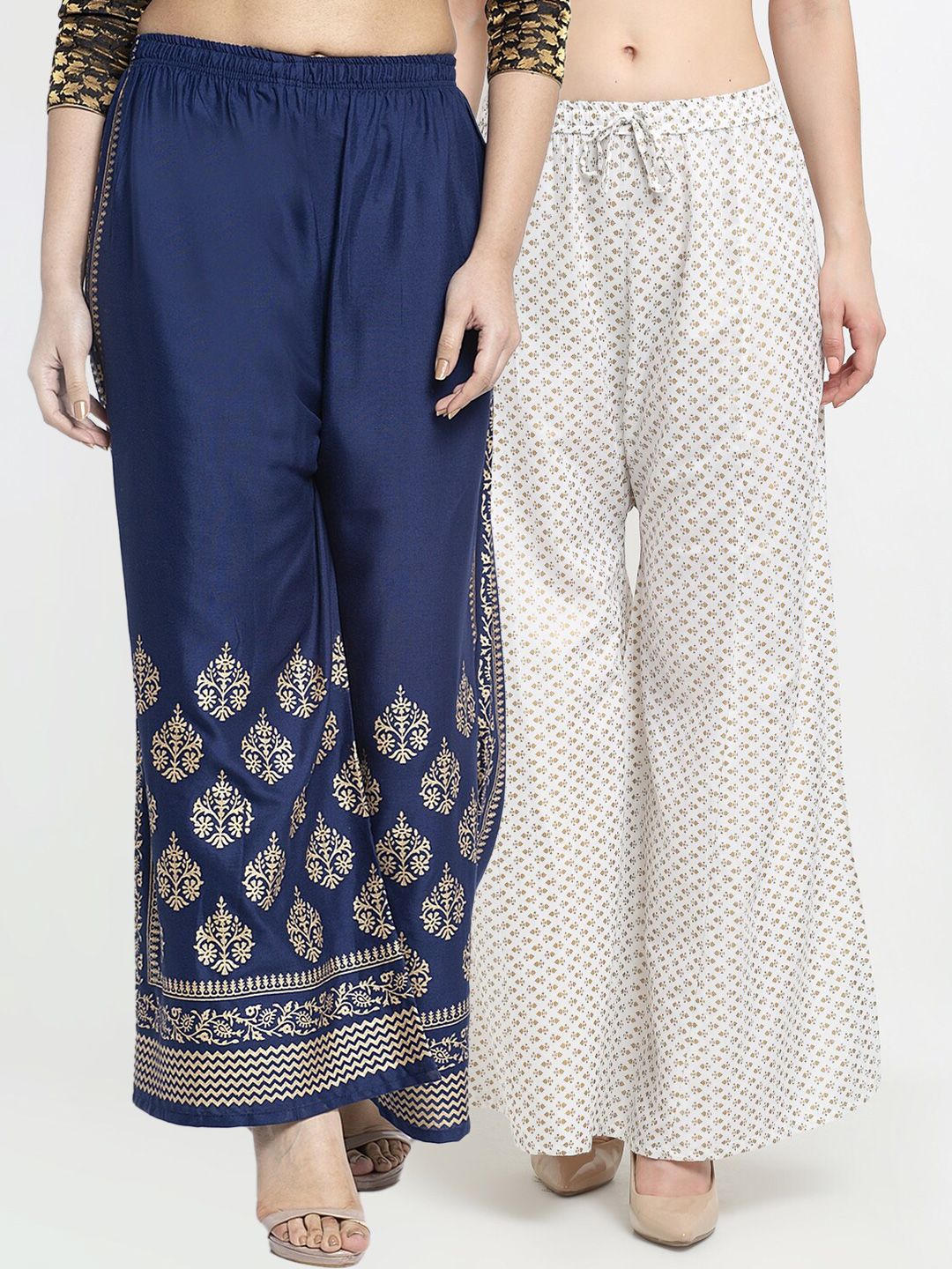 Jinfo Women Pack of 2 Navy Blue & White Ethnic Motifs Block Printed Ethnic Palazzos Price in India