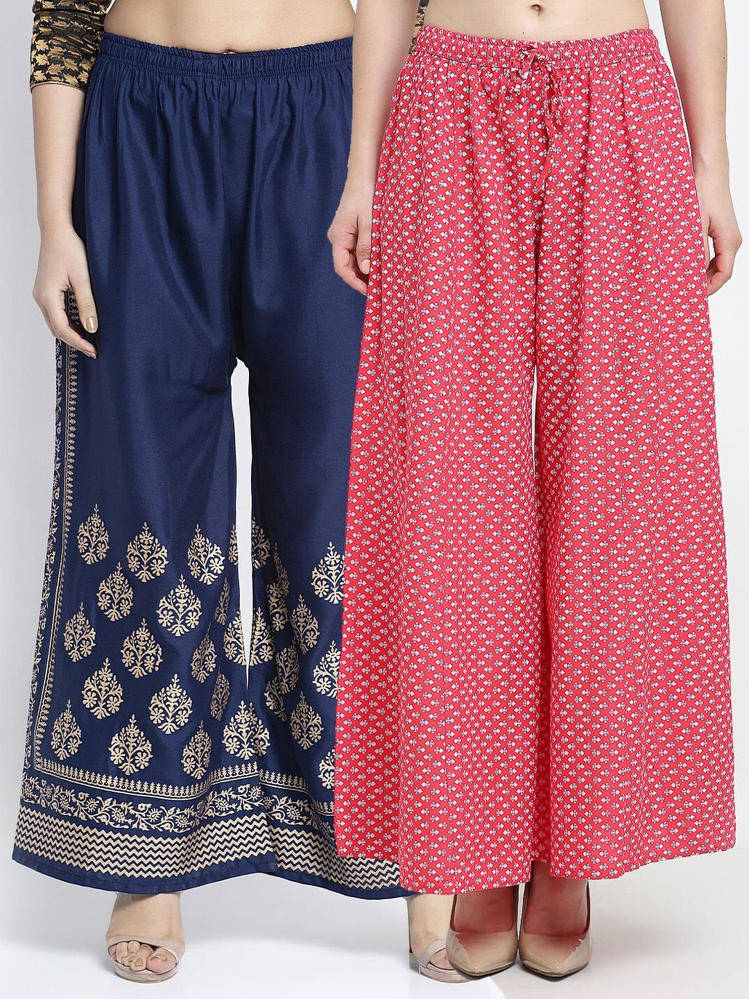 Jinfo Women Pack Of 2 Navy Blue & Orange Ethnic Motifs Printed Flared Ethnic Palazzos Price in India