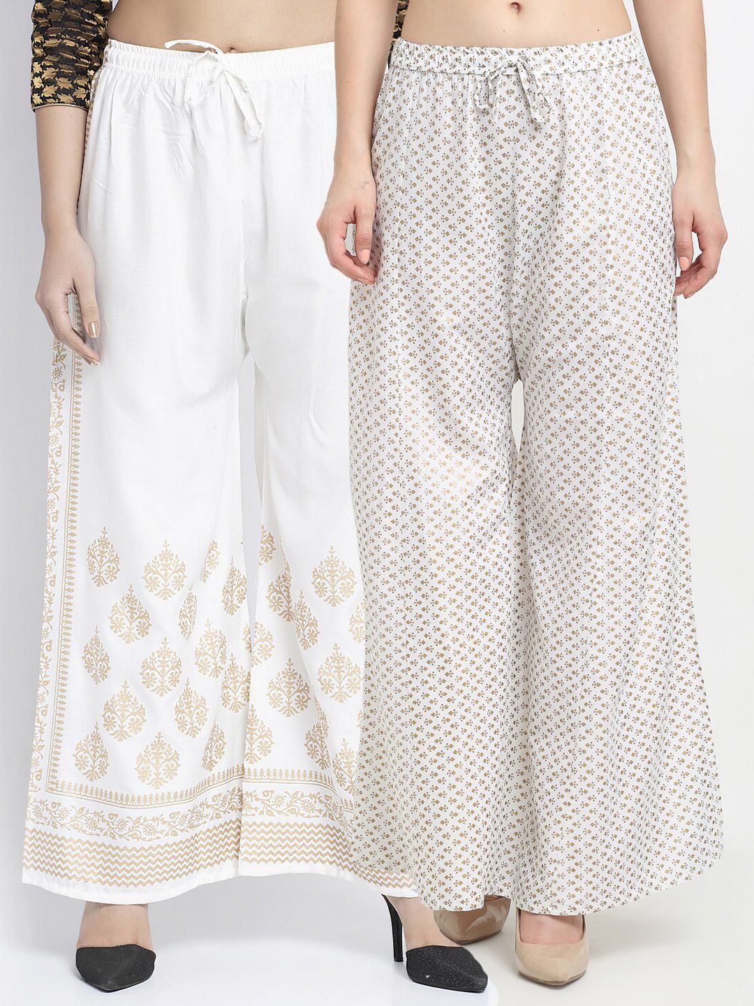 Jinfo Women White & Off White Set Of 2 Ethnic Motifs Printed Knitted Ethnic Palazzos Price in India