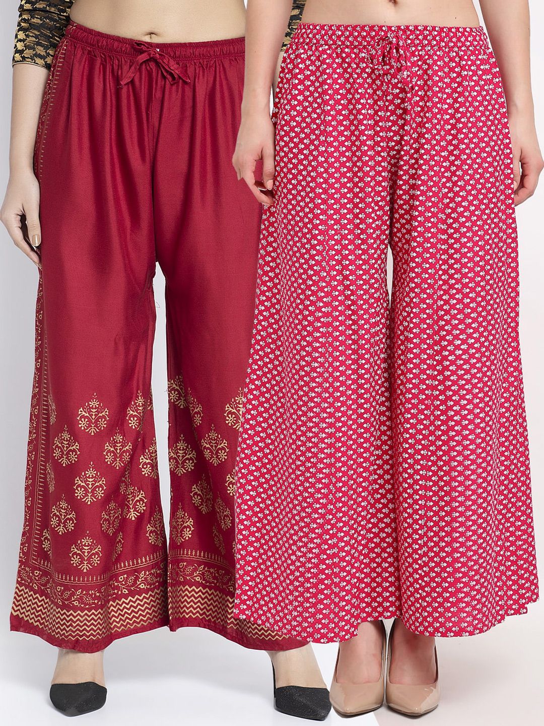 Jinfo Women Maroon & Pink Pack of 2 Ethnic Motifs Printed Flared Knitted Ethnic Palazzos Price in India