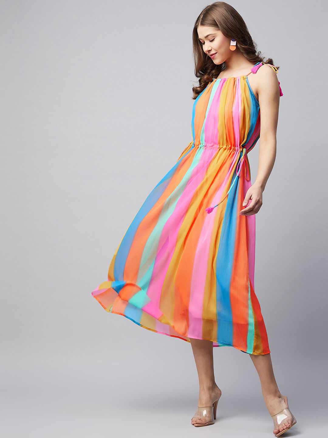 StyleStone Multicoloured Striped Chiffon A-Line Midi Dress Price in India