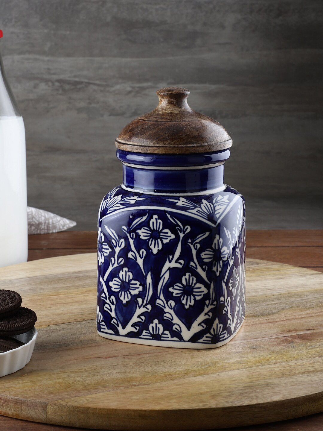 VarEesha Blue & White Hand Painted Airtight Ceramic Jar with Wooden Lid 1L Price in India