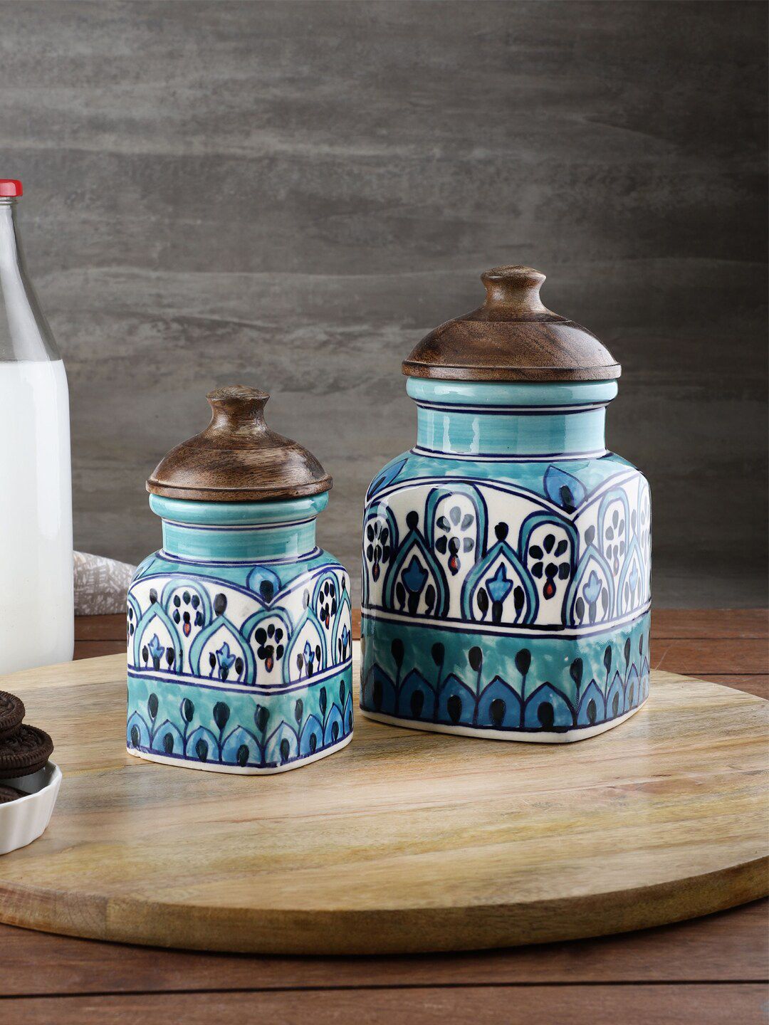 VarEesha Set of 2 Blue & White Ceramic Jars With Wooden Lid Price in India