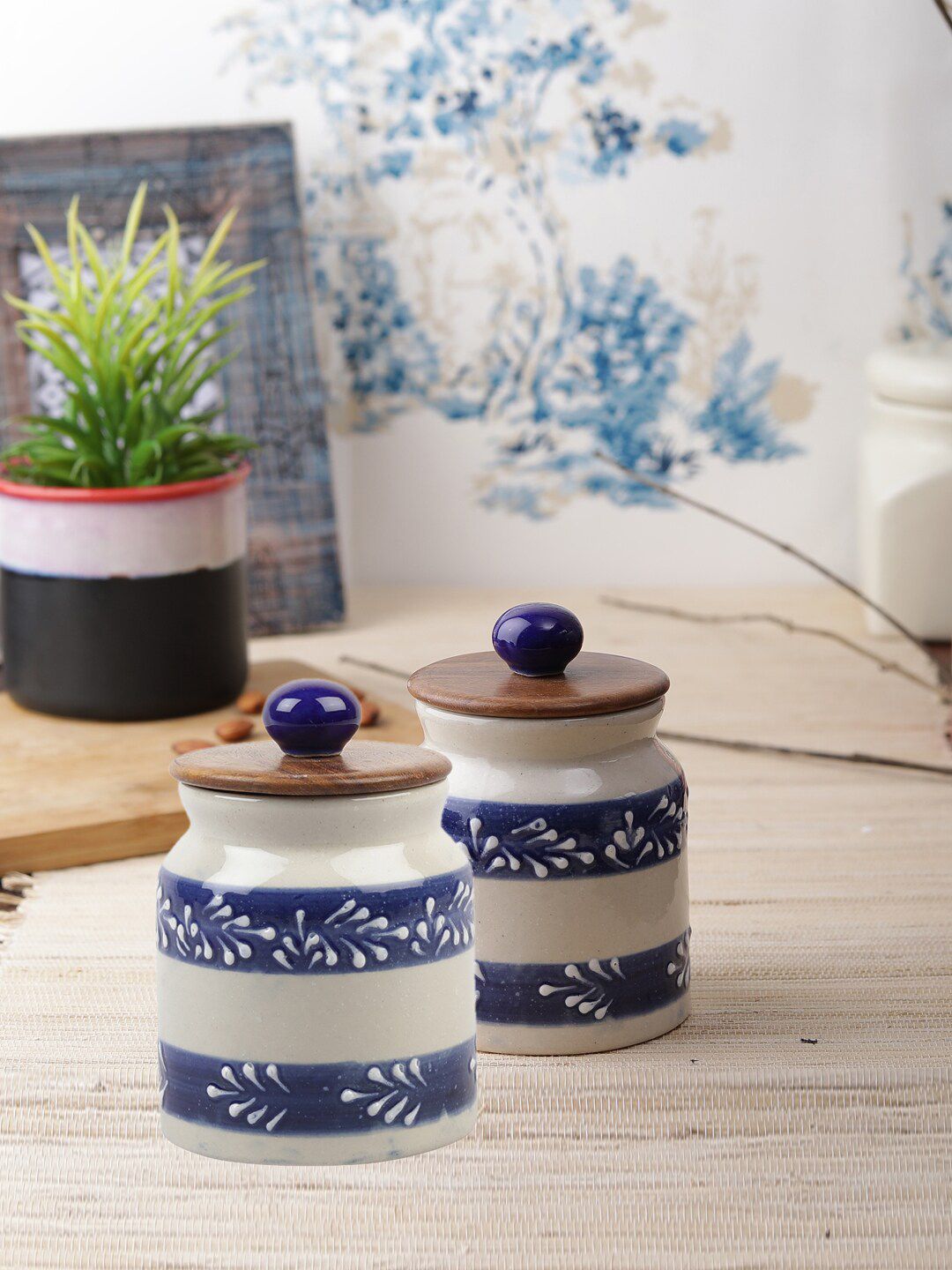 VarEesha Blue & White Printed Set of 2 Ceramic Jars with Wooden Lid Price in India