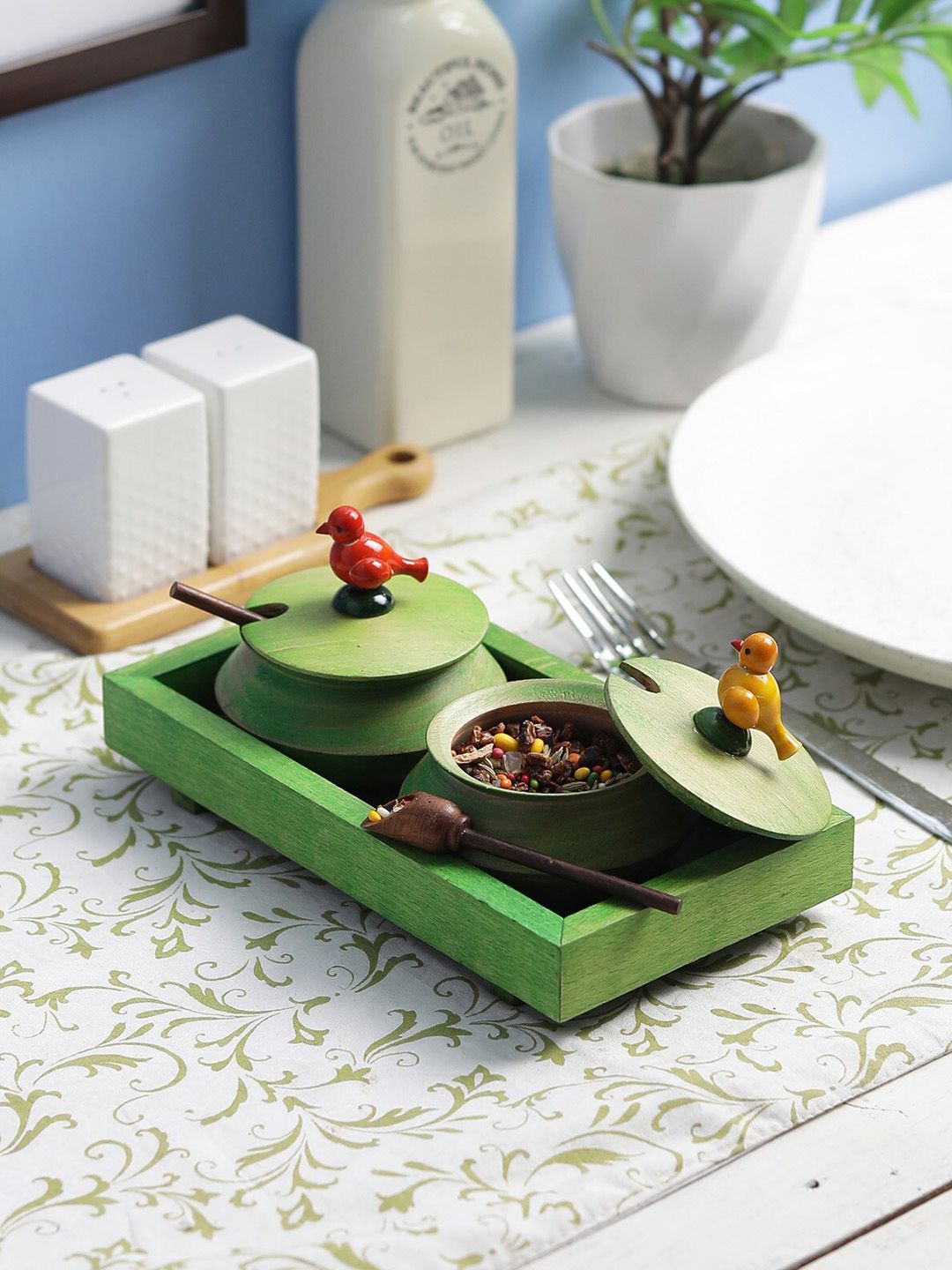 VarEesha Set Of 2 Green & Brown Handi Set With Tray Price in India