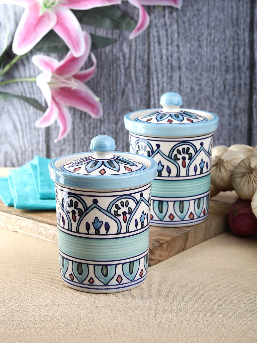 VarEesha Set Of 2 Beige & Green Printed Ceramic Kitchen Storage Jars Price in India
