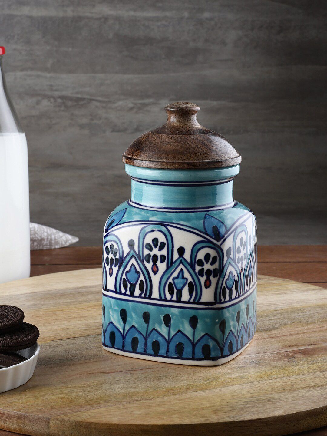 VarEesha Teal And Black Hand Painted Airtight Ceramic Jar with Wooden Lid Price in India