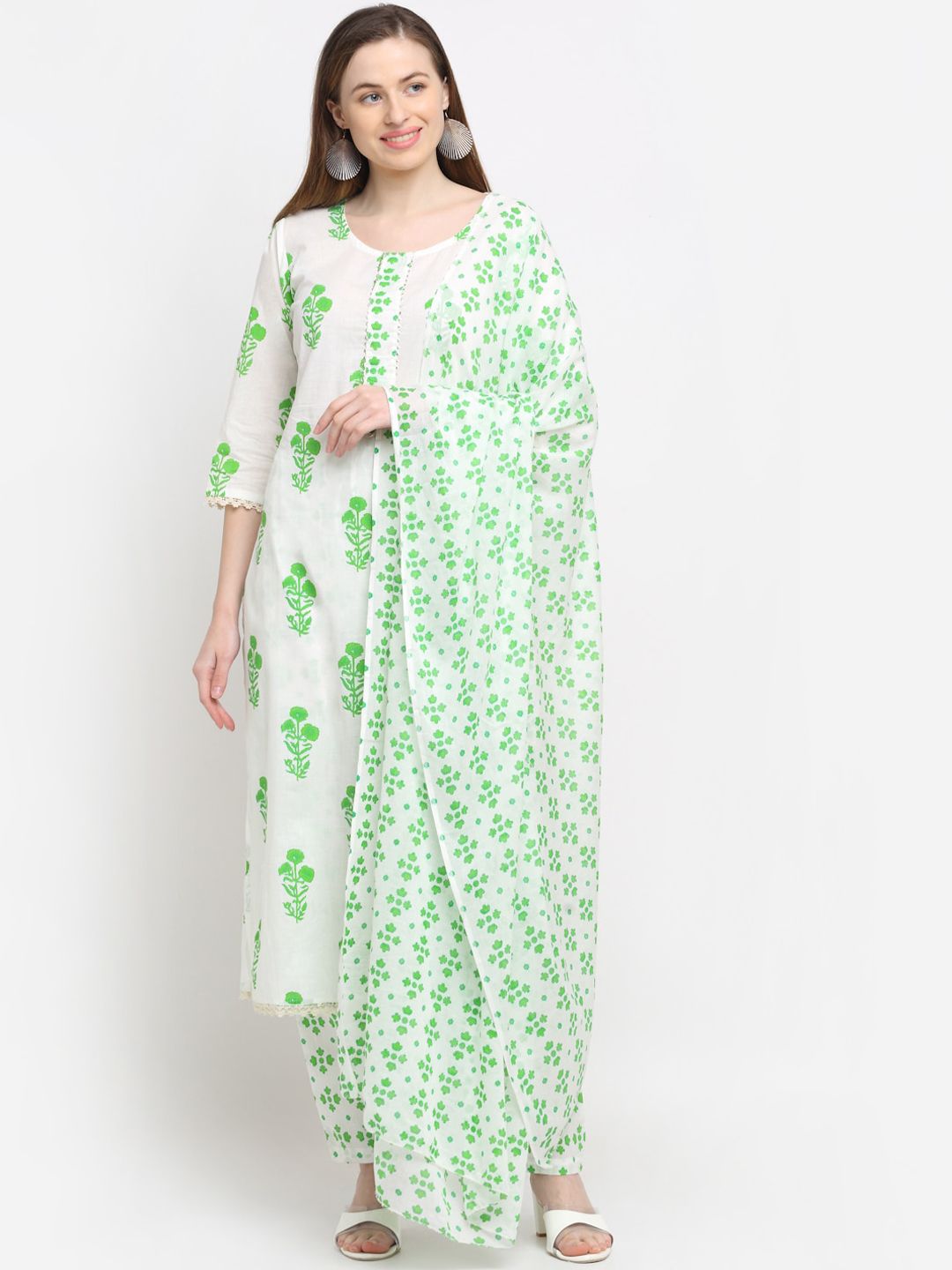 KALINI Women White & Green Floral Printed Pure Cotton Kurta With Patiala & Dupatta Price in India