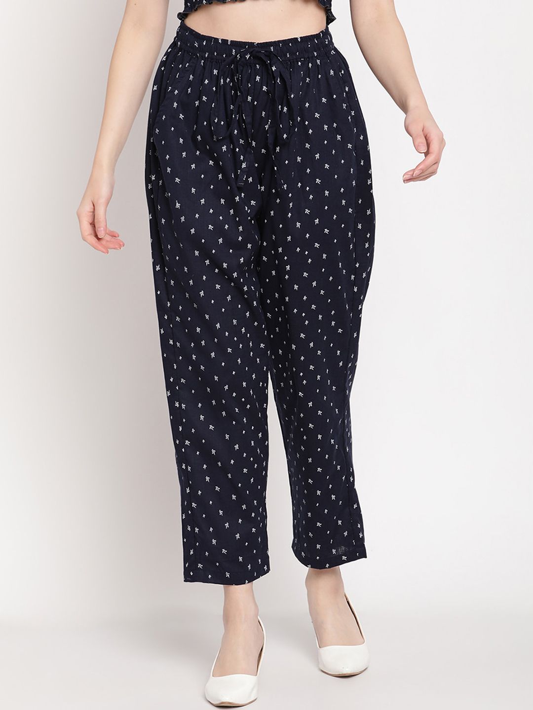 TAG 7 Women Navy Blue Floral Printed Relaxed Straight Leg Loose Fit Trousers Price in India