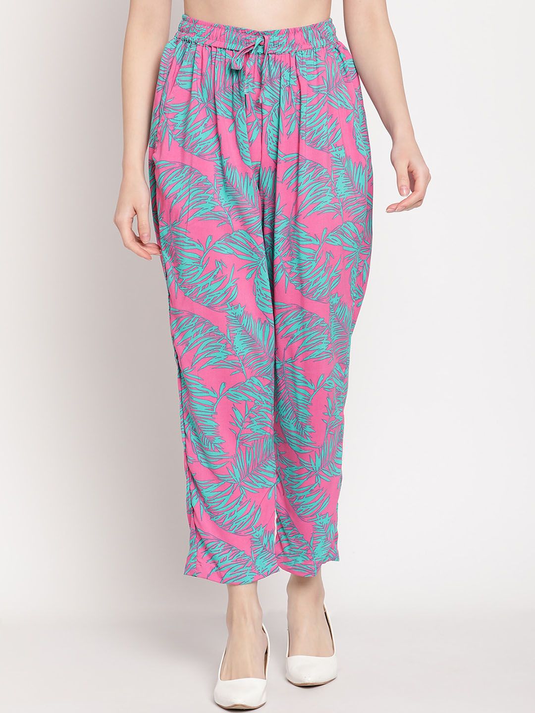 TAG 7 Women Pink Floral Printed Relaxed Straight Leg Loose Fit Pleated Trousers Price in India