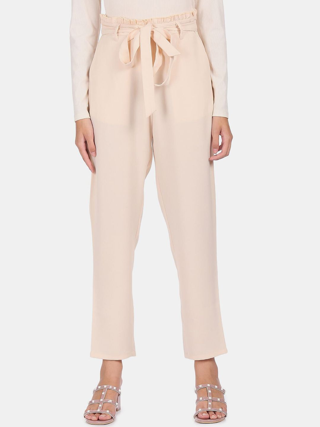 SHFFL Women Beige Regular Fit Trousers With Belt Price in India