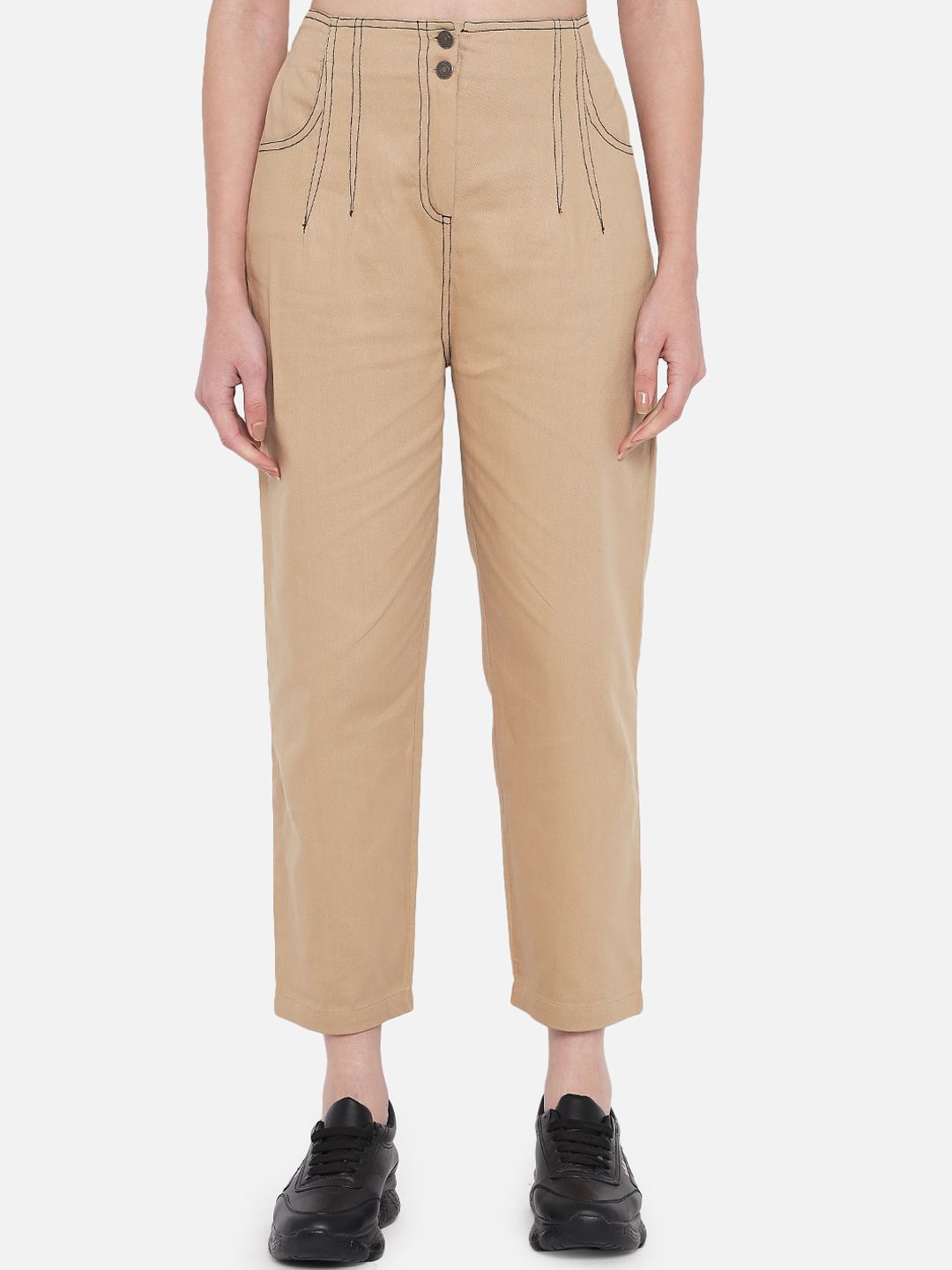 Orchid Blues Women Beige Textured Tapered Fit High-Rise Cotton Trousers Price in India