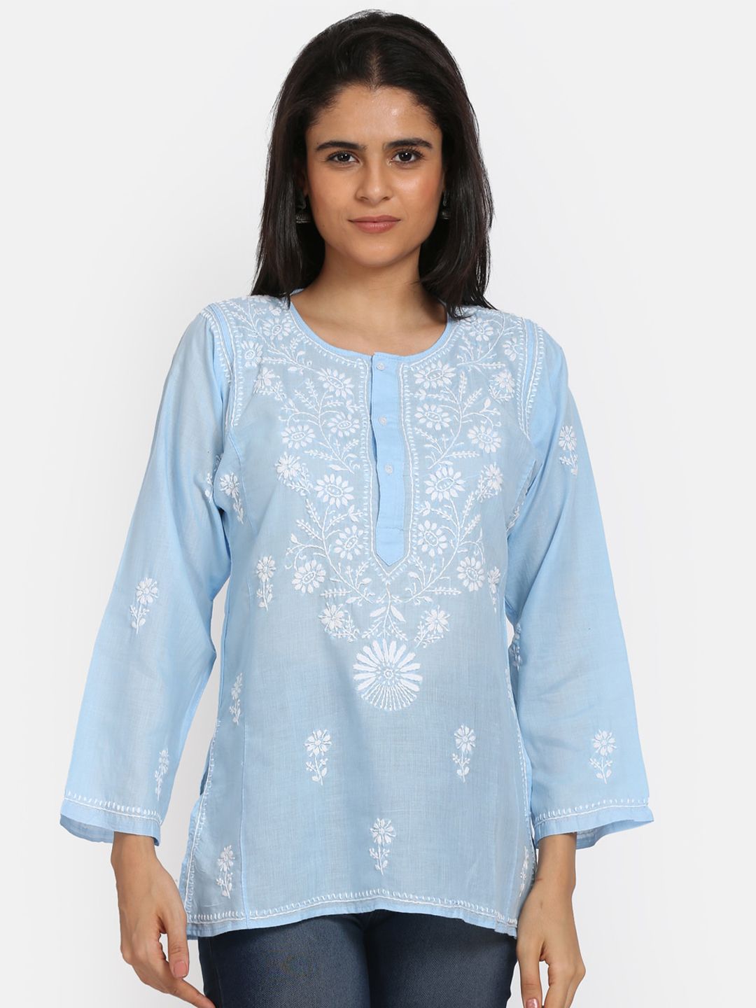 PARAMOUNT CHIKAN Blue & White Ethnic Motifs Embroidered Chikankari Kurti Price in India