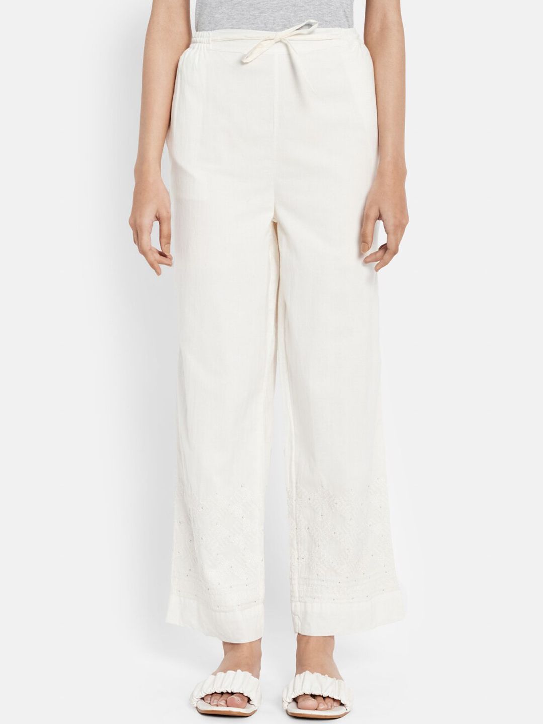 Fabindia Women Off White Chikankari Cotton Trousers Price in India