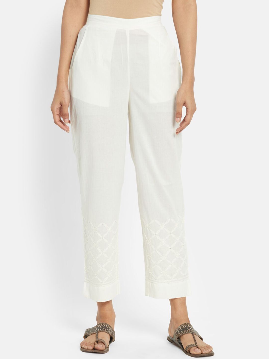 Fabindia Women Off White Culottes Cotton Trousers Price in India