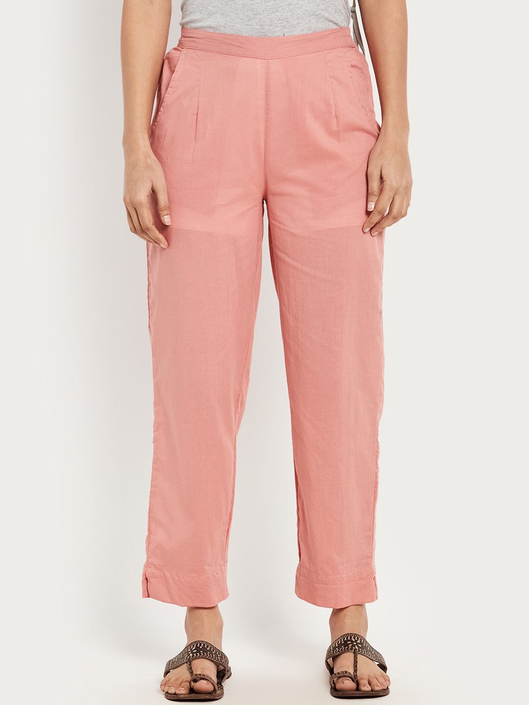 Fabindia Women Pink Pleated Regular Fit Trousers Price in India