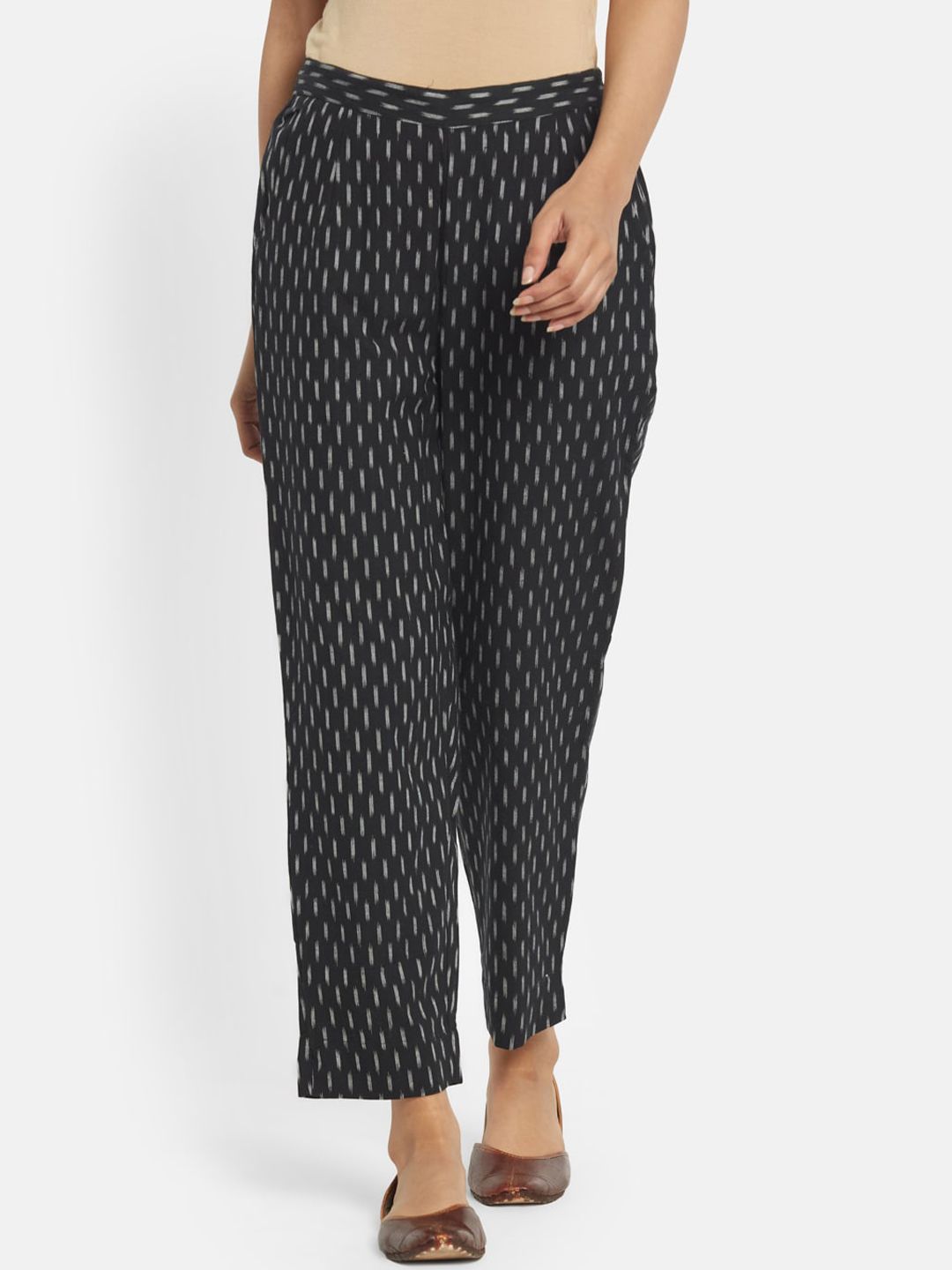Fabindia Women Black Printed Tapered Cotton Trousers Price in India