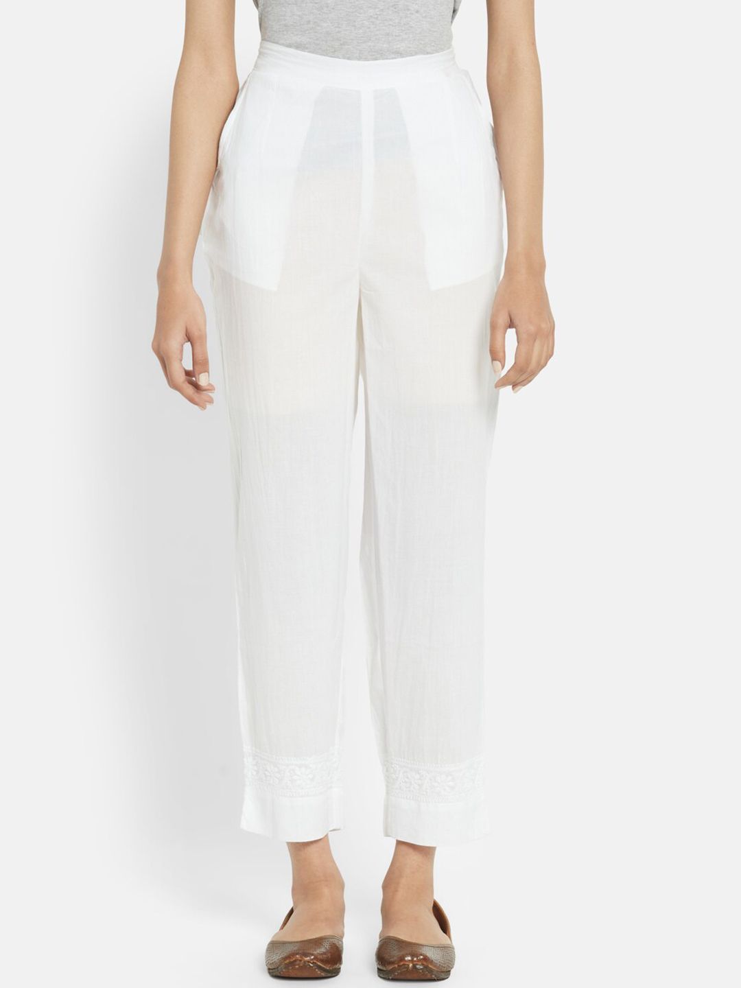 Fabindia Women White Embroidered Cotton Trousers Price in India