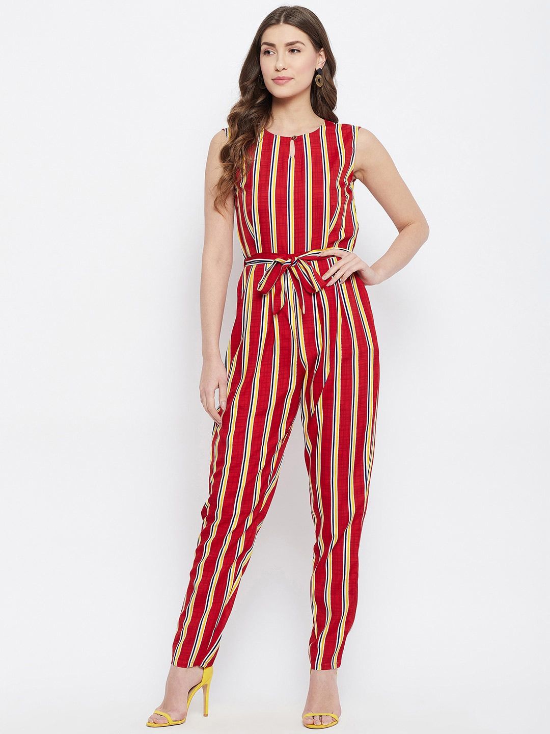 Uptownie Lite Red & Yellow Striped Basic Jumpsuit Price in India