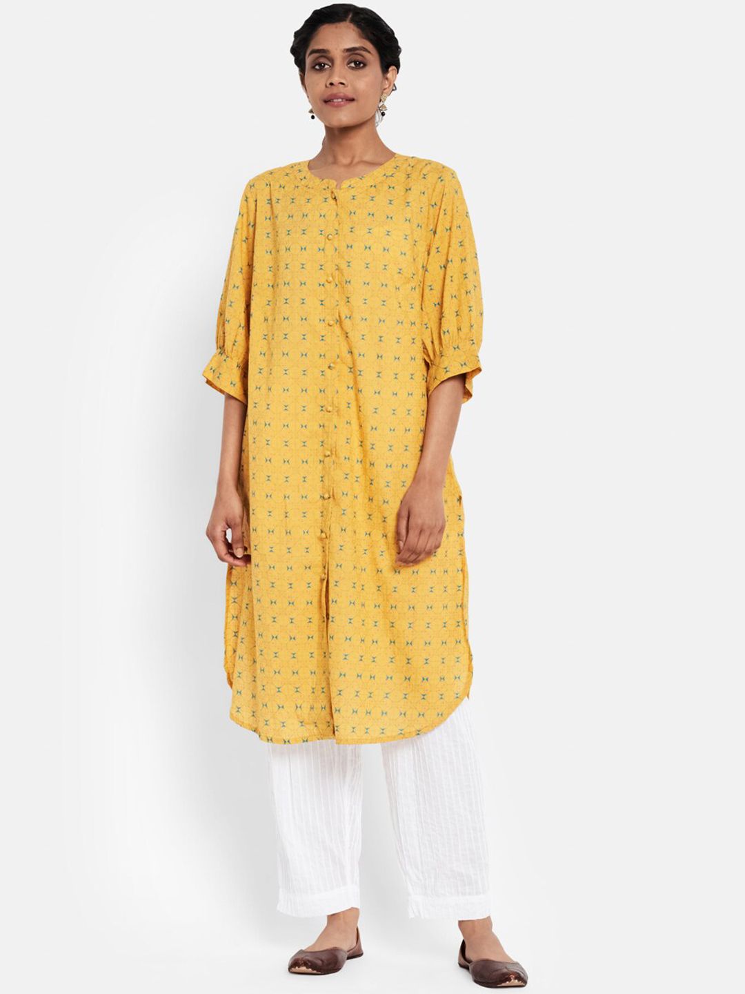 Fabindia Women Yellow Cotton Printed Regular Fit Kurta Price in India