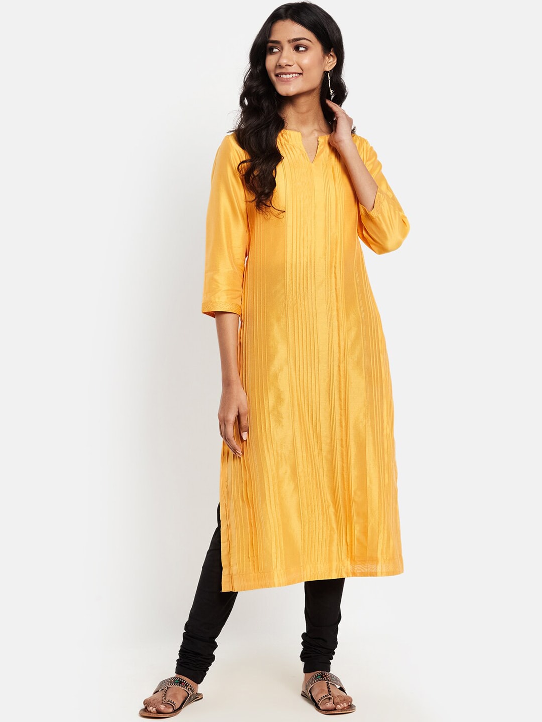 Fabindia Women Yellow Striped Kurta Price in India