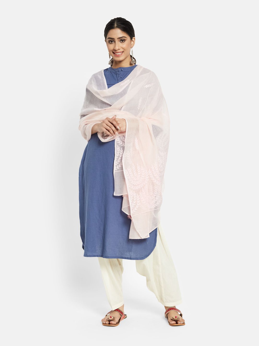 Fabindia Pink Ethnic Motifs Embroidered Cotton Silk Dupatta with Chikankari