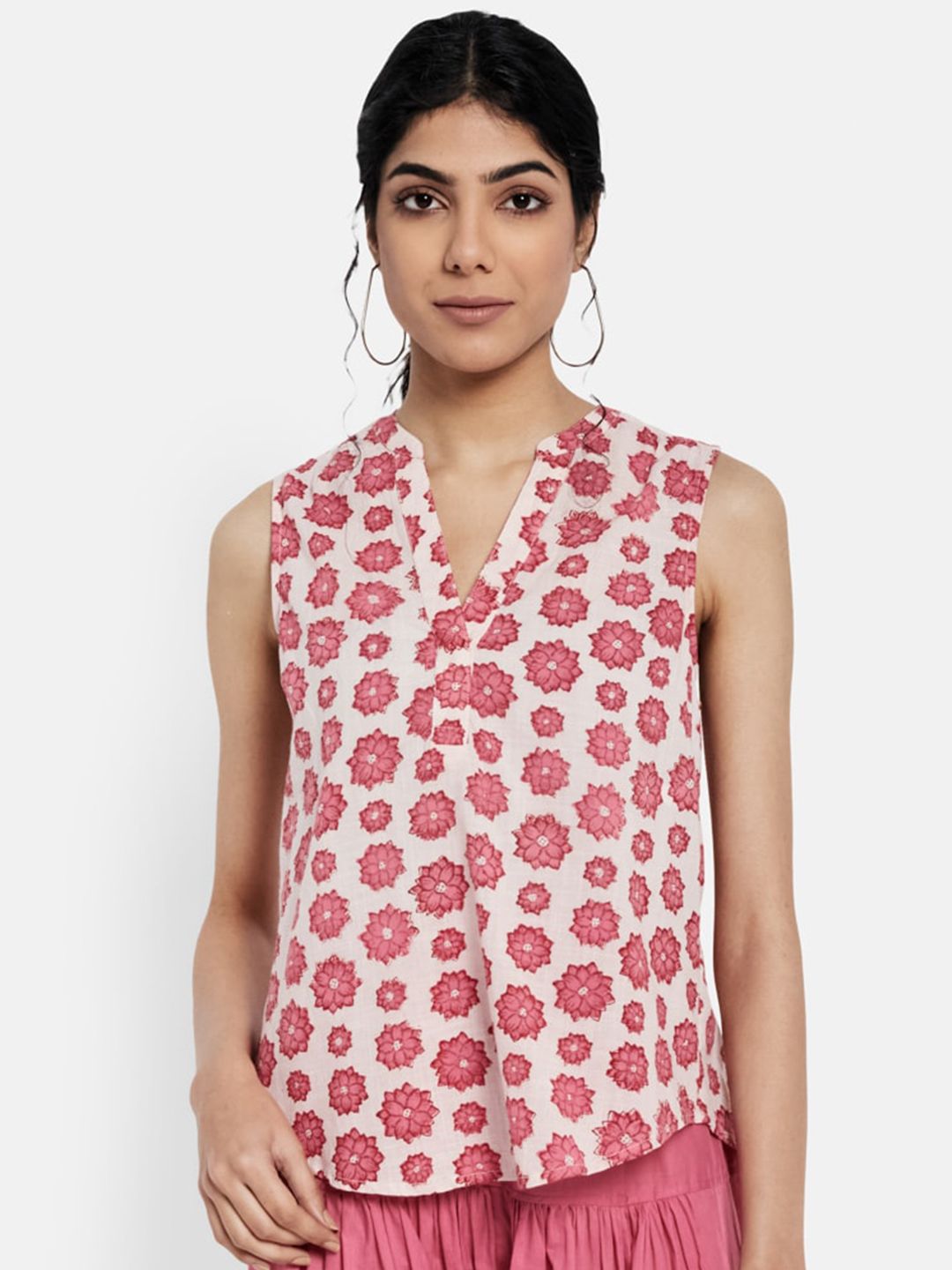 Fabindia Pink Off White & Pink Mandarin Collar Pure Cotton Slub Shirt Style Top