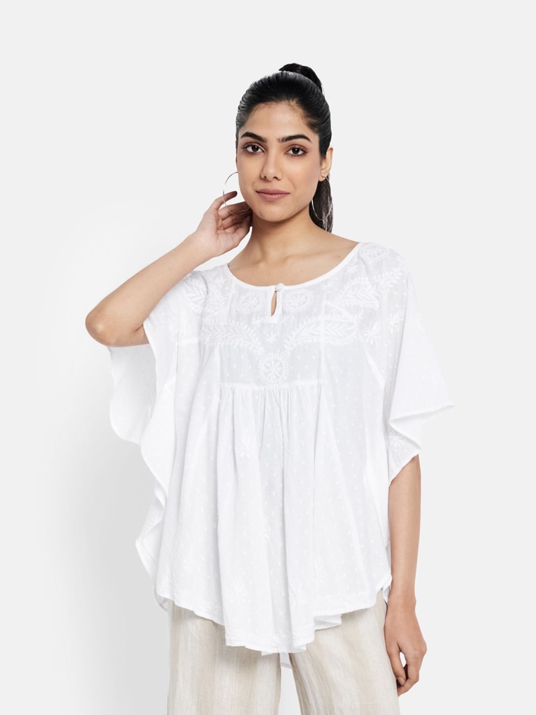 Fabindia Women White Embroidered Cotton Chikankari Kaftan Top Price in India