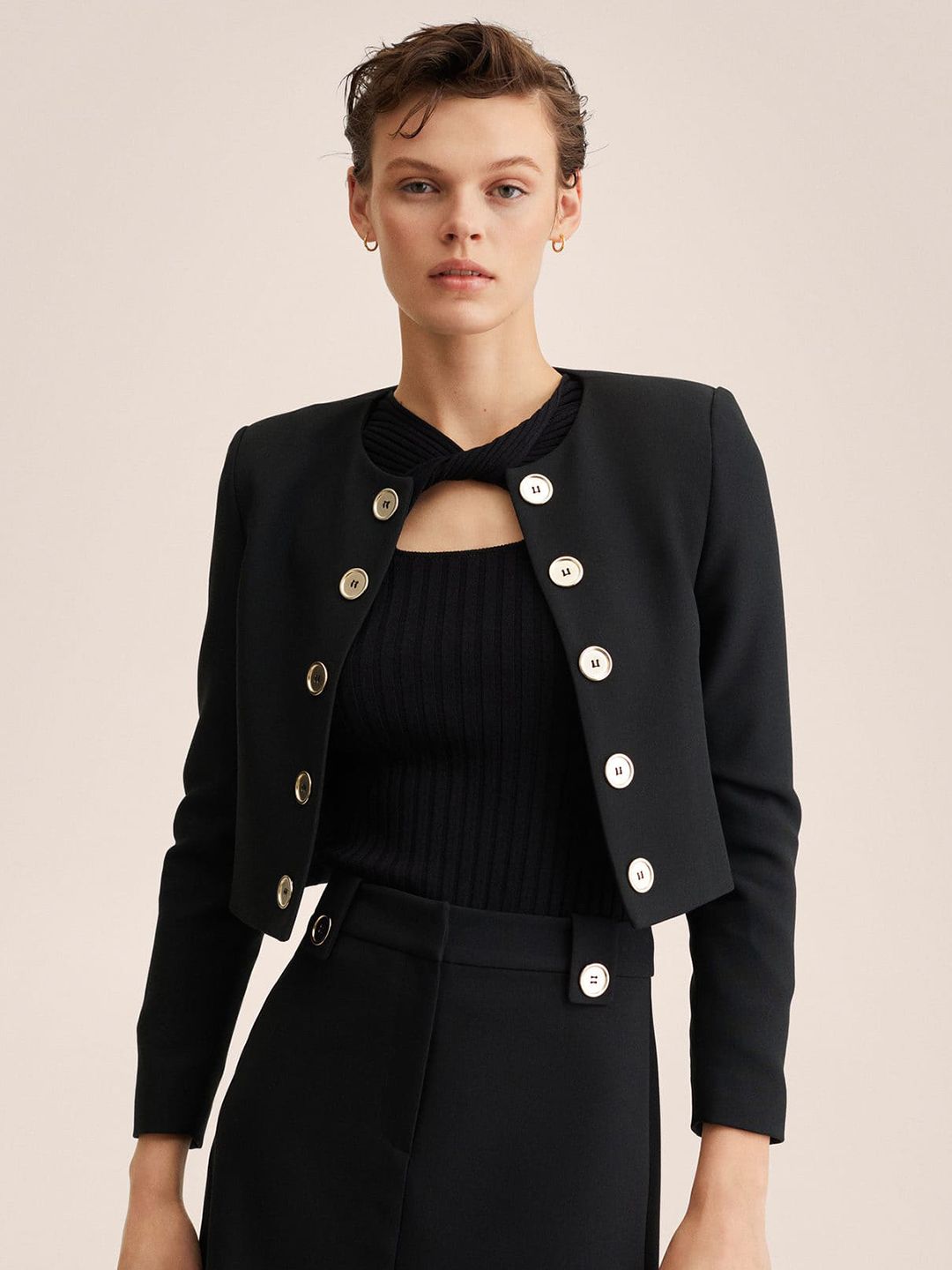 MANGO Women Black Crop Open Front Jacket Price in India