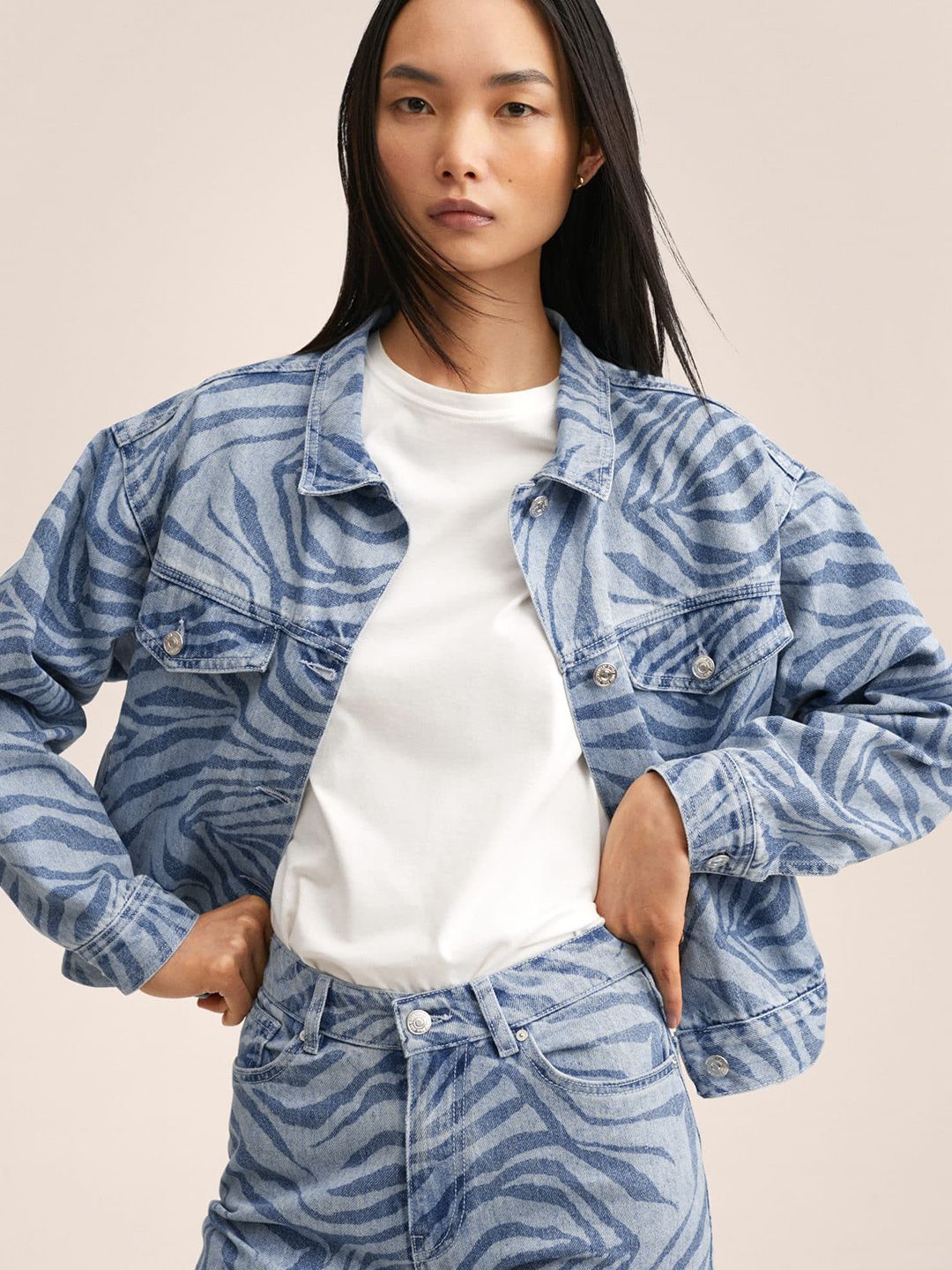 MANGO Women Blue Animal Print  Denim Jacket Price in India