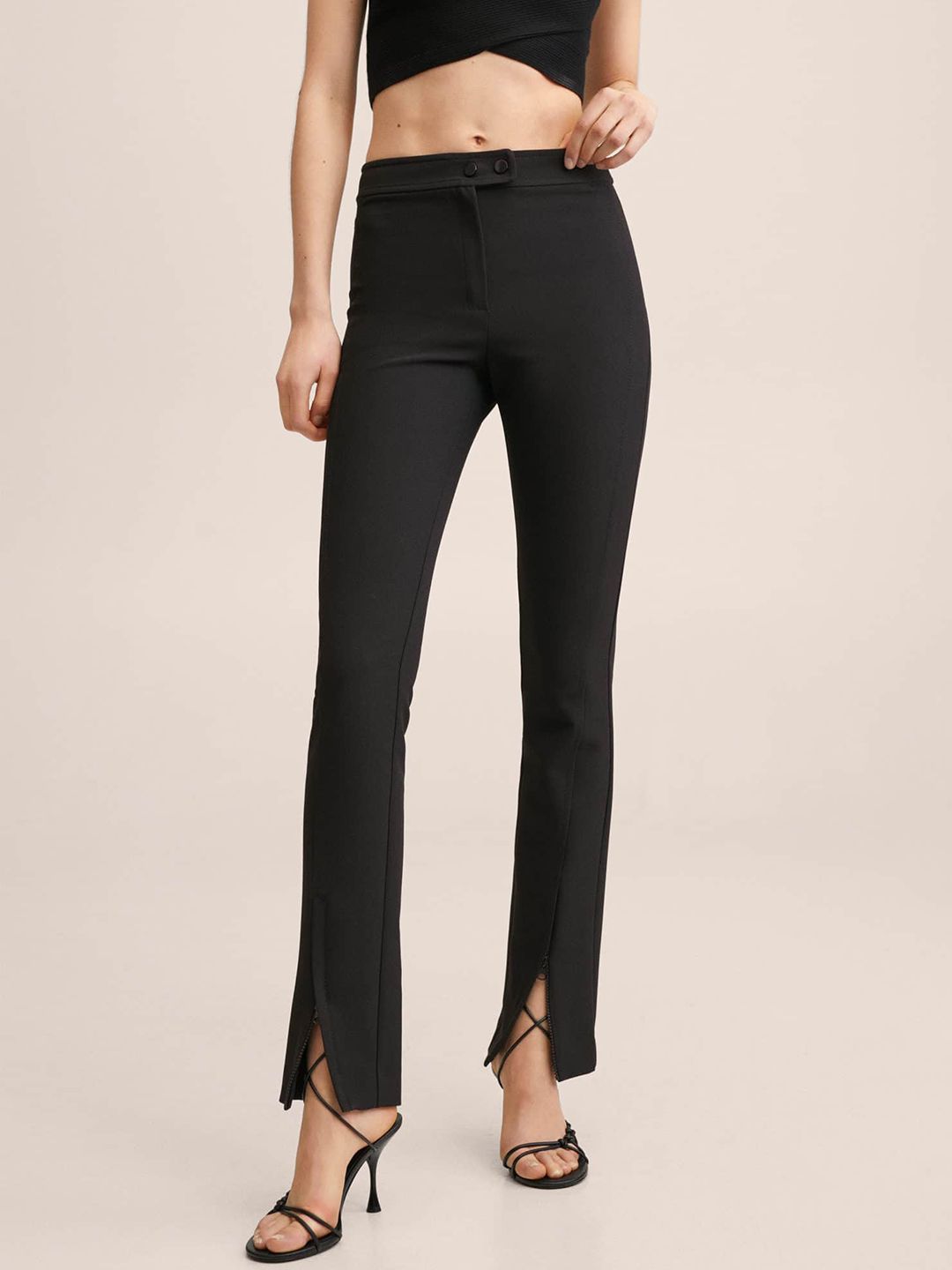 MANGO Women Black Regular Front-Slit Trousers Price in India