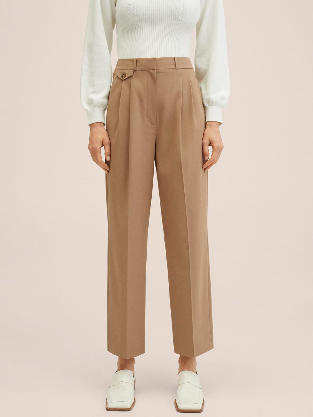 MANGO Women Khaki Straight Fit High-Rise Pleated Trousers Price in India