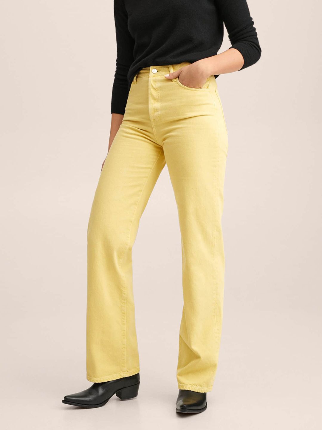 MANGO Women Yellow Straight Fit Pure Cotton High-Rise Jeans Price in India