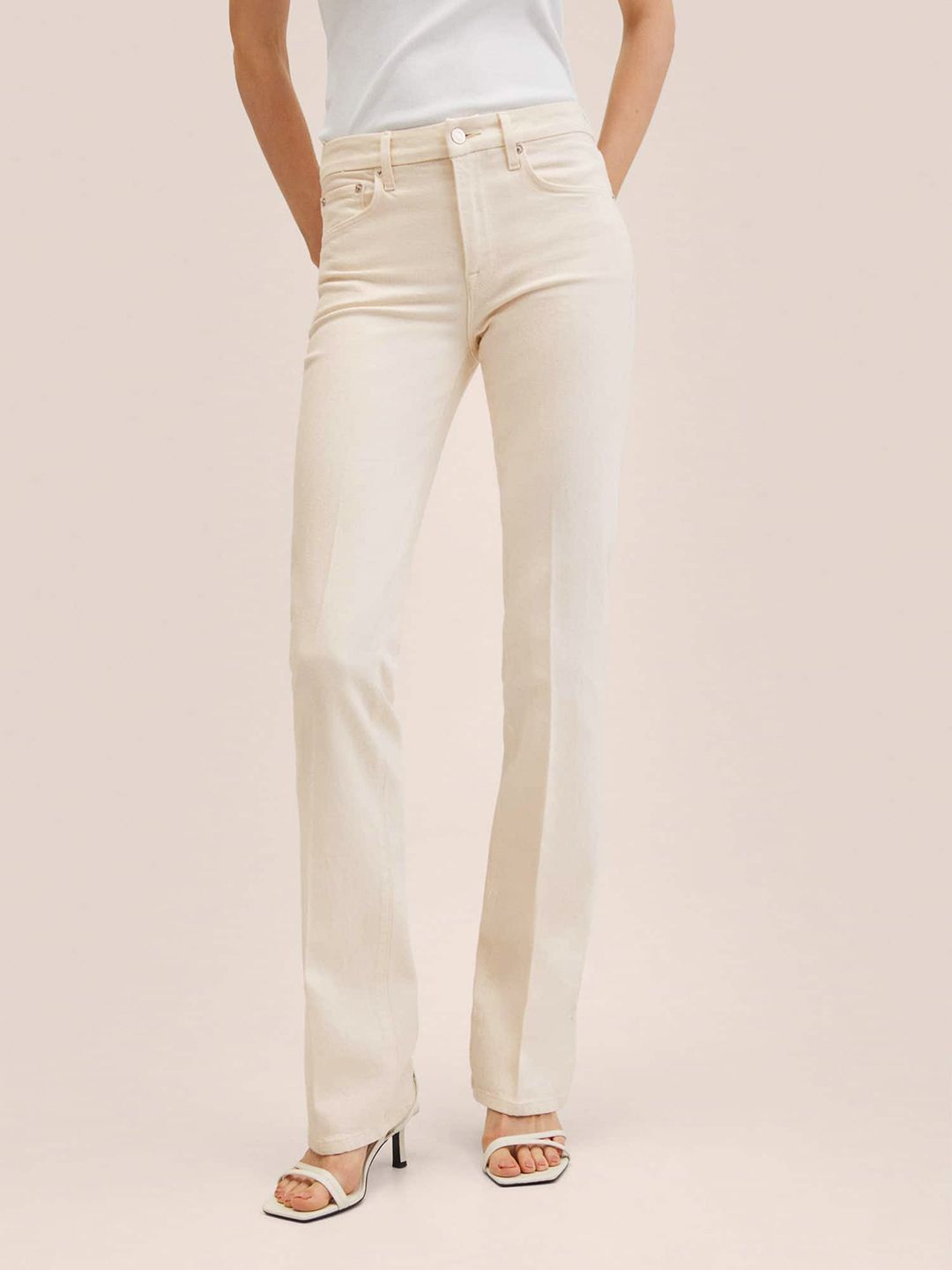 MANGO Women Off-White Solid Slim Flare Fit Jeans Price in India