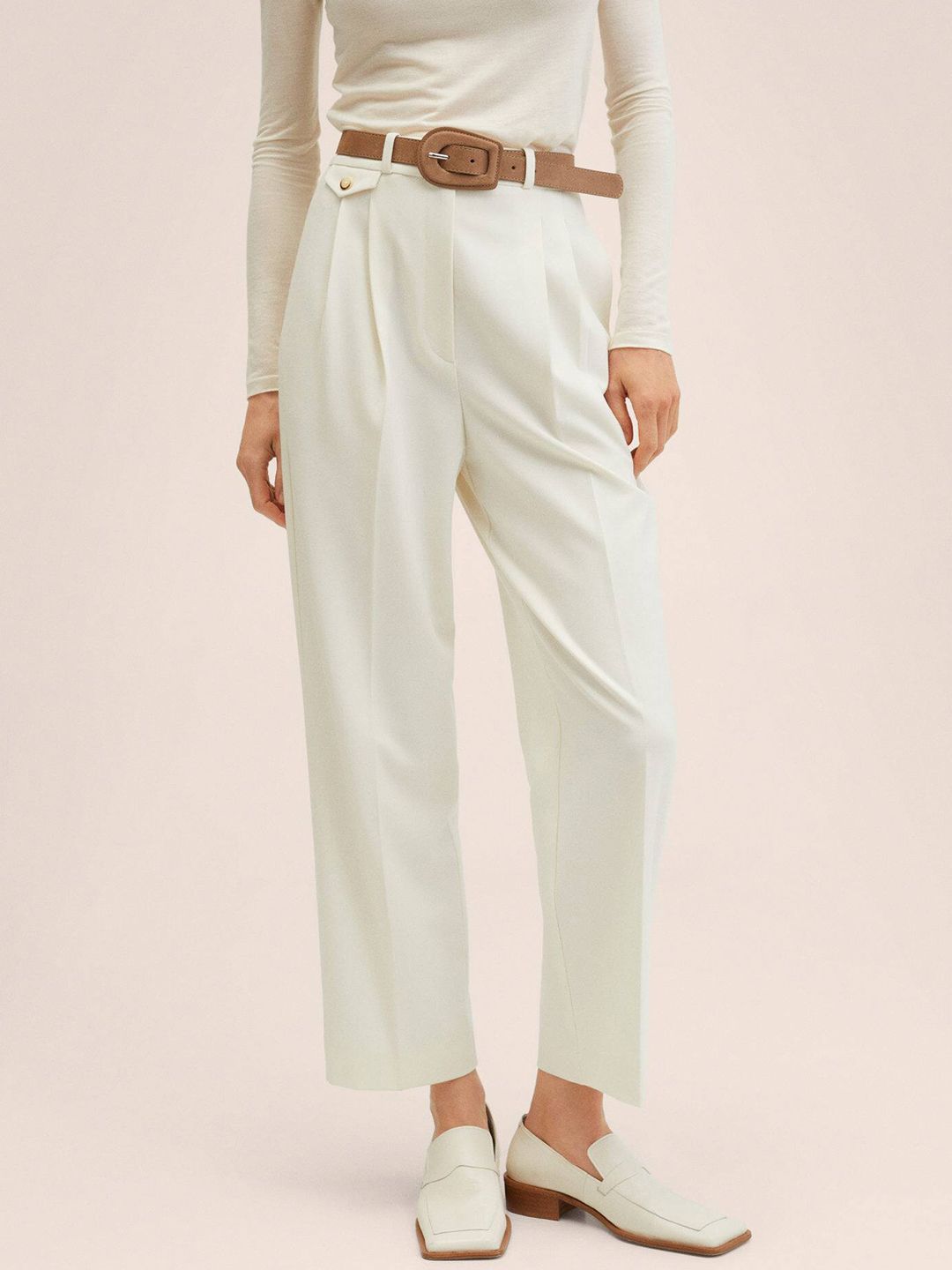 MANGO Women Off White Pleated Trousers