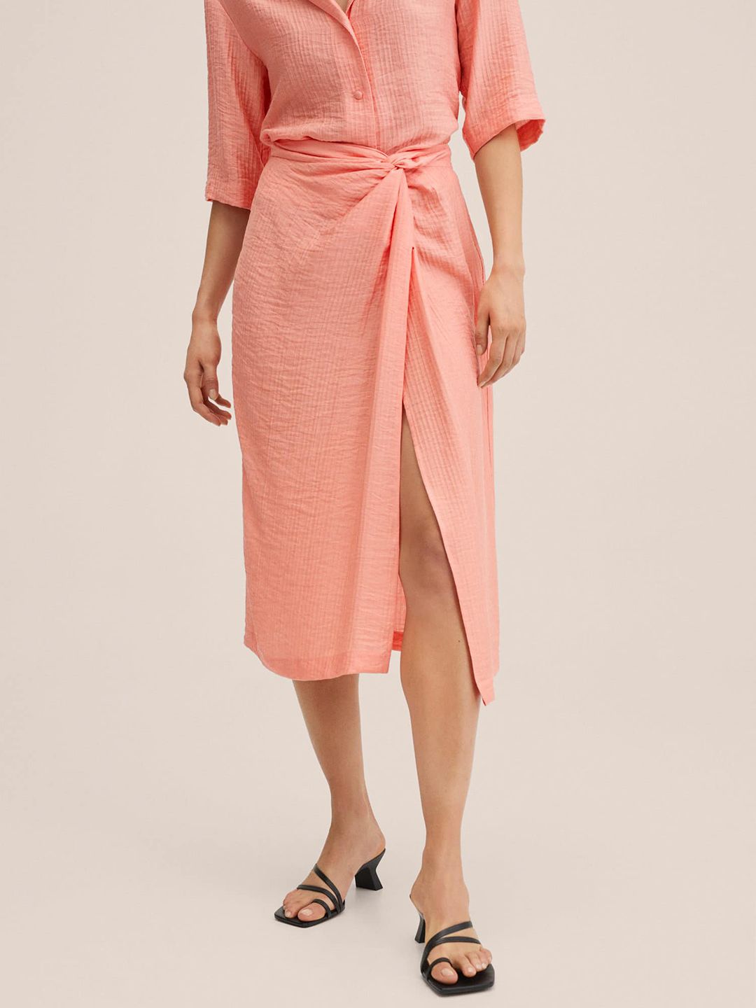 MANGO Coral Pink Solid A-line Midi Skirt