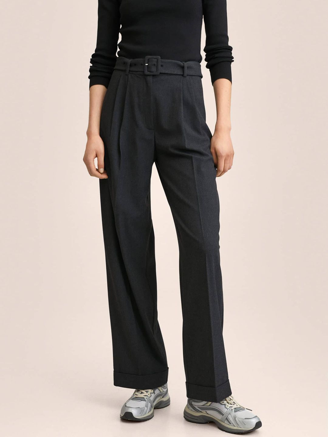 MANGO Women Black Trousers with Belt Price in India