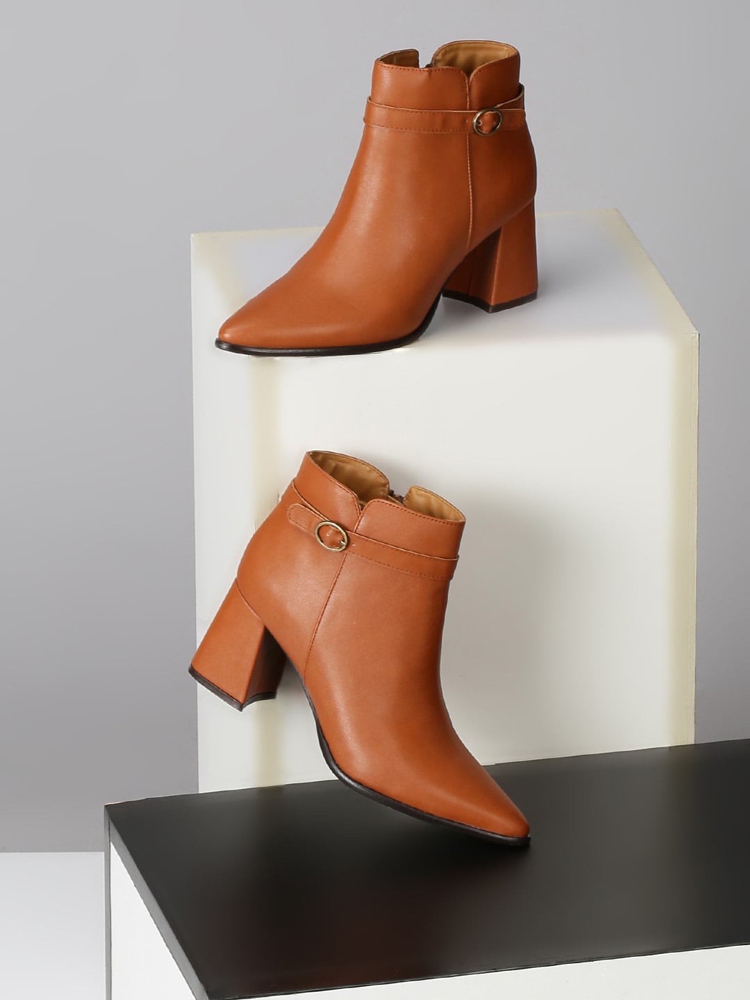 Monrow Tan PU Block Heeled Boots with Buckles Price in India