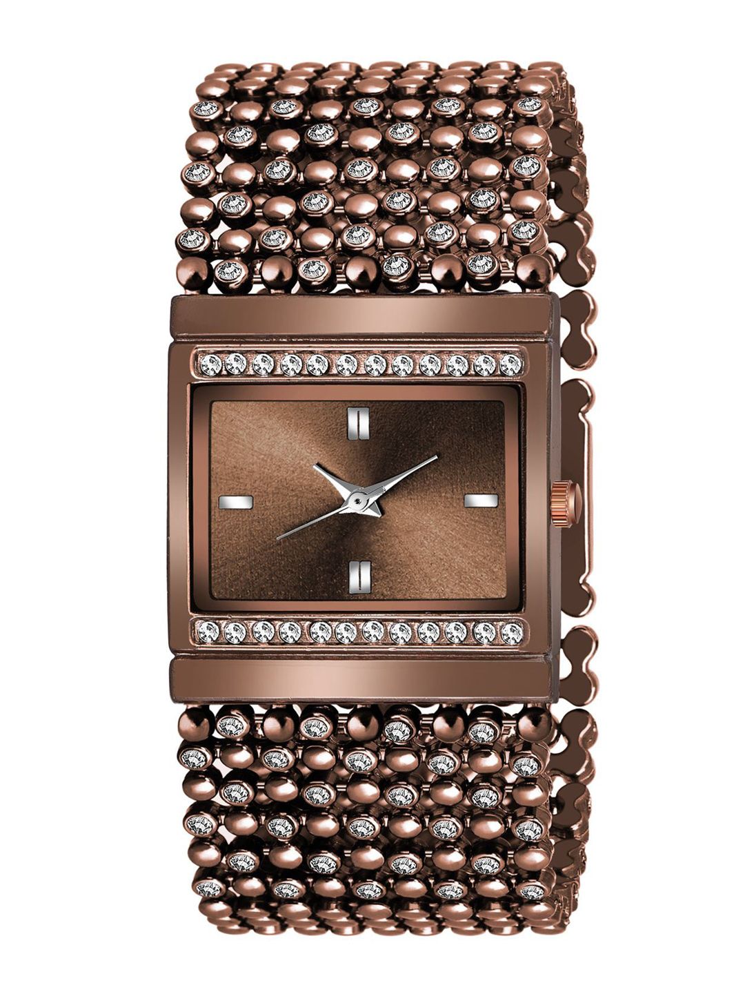 HAPPY KHAJANA Women Brown Embellished Dial Stainless Steel Bracelet Style Analogue Watch Price in India