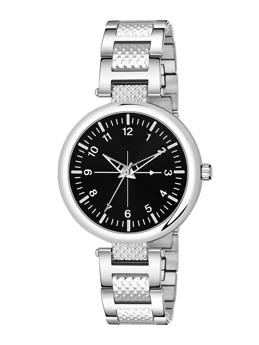 HAPPY KHAJANA Women Black Brass Dial & Silver Toned Stainless Steel Bracelet Style Straps Analogue Watch Price in India