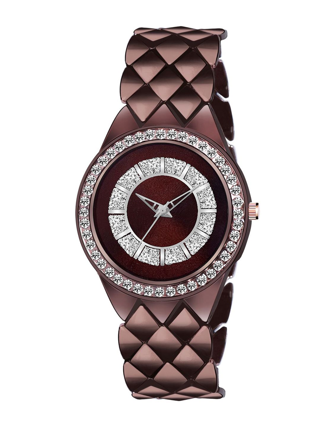 HAPPY KHAJANA Women Brown Brass Embellished Dial & Brown Stainless Steel Bracelet Style Straps Analogue Watch Price in India