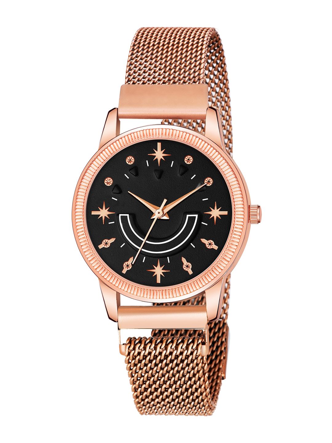 Rage Enterprise Women Black Brass Embellished Dial & Rose Gold Toned Stainless Steel Bracelet Style Straps Watch Price in India